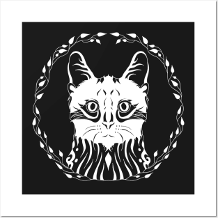 frontal cat face in a wreath Posters and Art